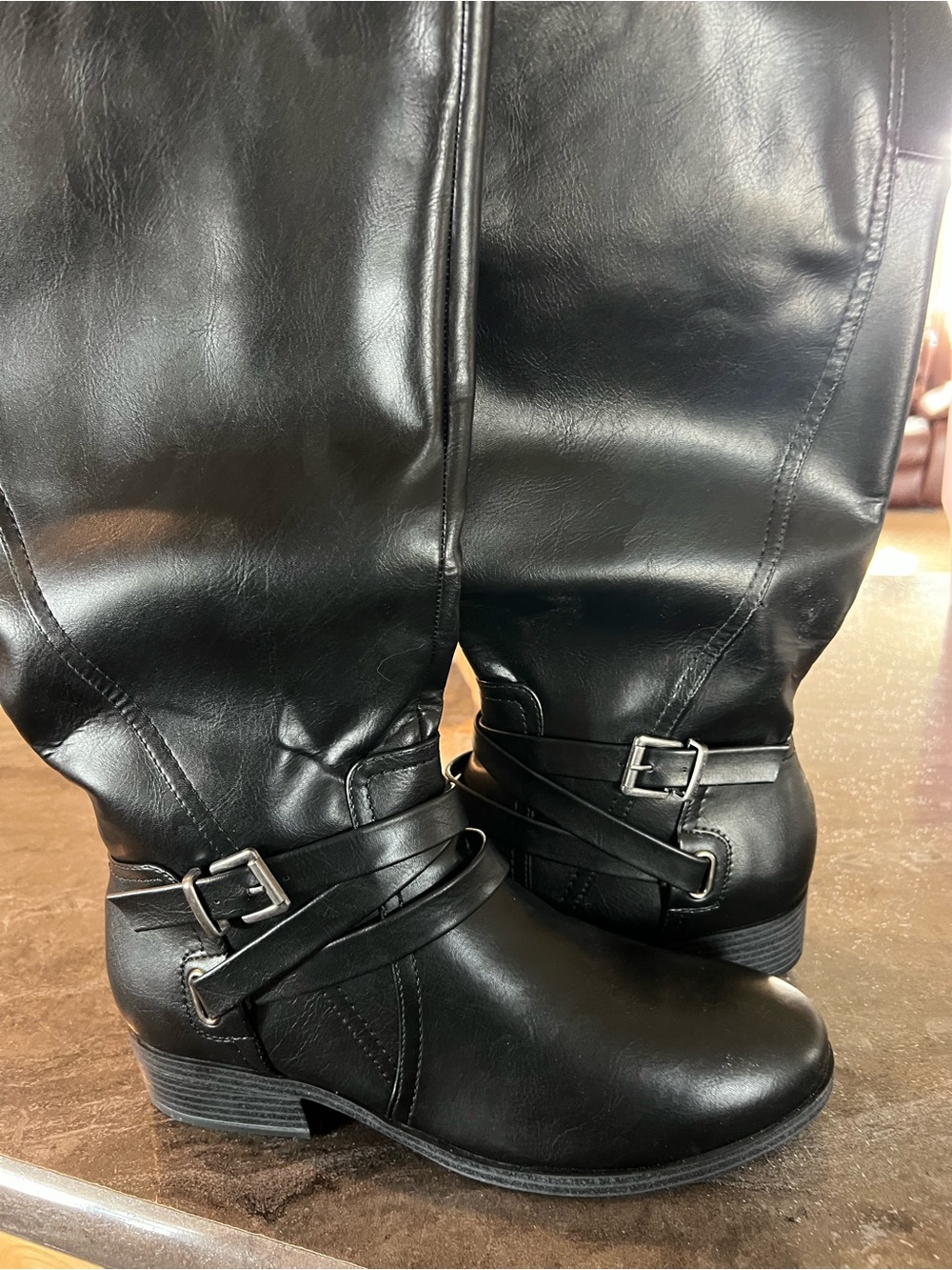 Women's Black Mid-Calf Buckle Strap Heeled Boots